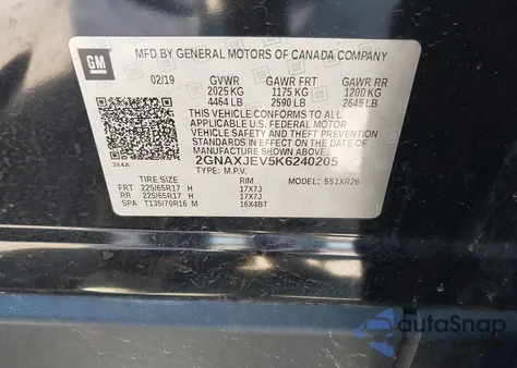 2019 Chevrolet Equinox Lt из США, поврежденный, VIN 2GNAXJEV5K6240205